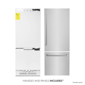 ZLINE 30 in. 16.1 cu. ft. Built-In 2-Door Bottom Freezer Refrigerator with Internal Water and Ice Dispenser in Stainless Steel (RBIV-304-30) front, refrigeration unit next to panels and handles. Text: Handles and Panels Included.