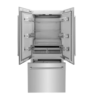 ZLINE 36 in. 19.6 cu. ft. French Door Built-In Bottom Freezer Refrigerator with Water Dispenser and Ice Maker in Stainless Steel (RBIV-304-36) front, open.