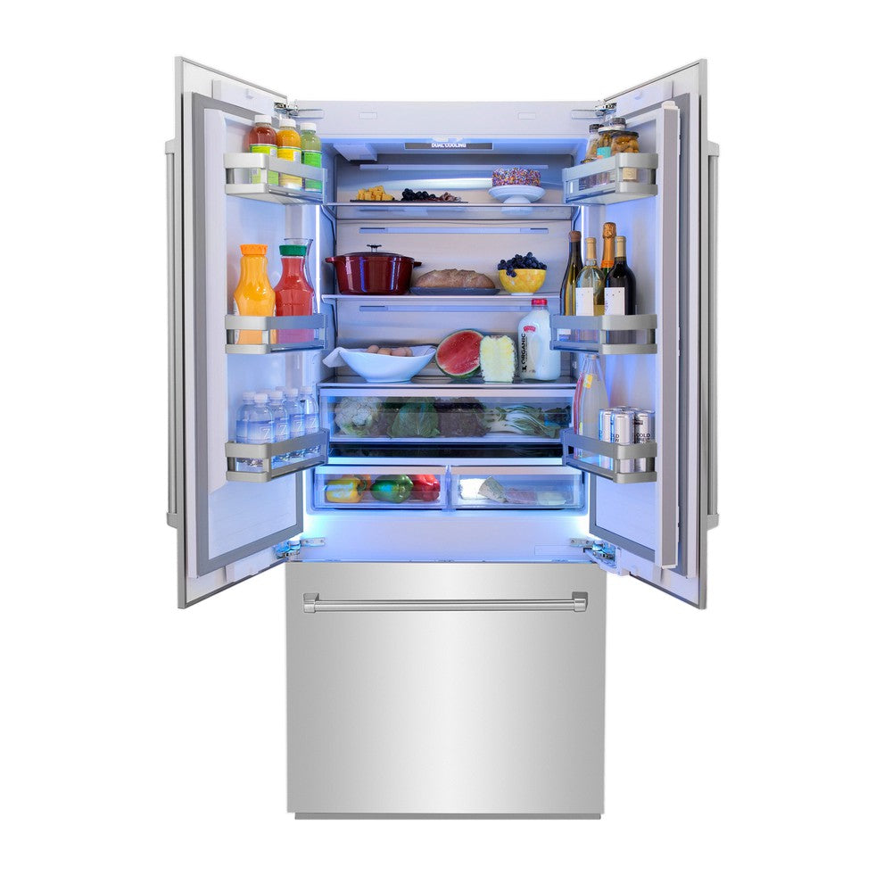 ZLINE 36 in. 19.6 cu. ft. Built-In 3-Door French Door Refrigerator with Internal Water and Ice Dispenser in Stainless Steel (RBIV-304-36) front, open, with food inside refrigeration compartment.