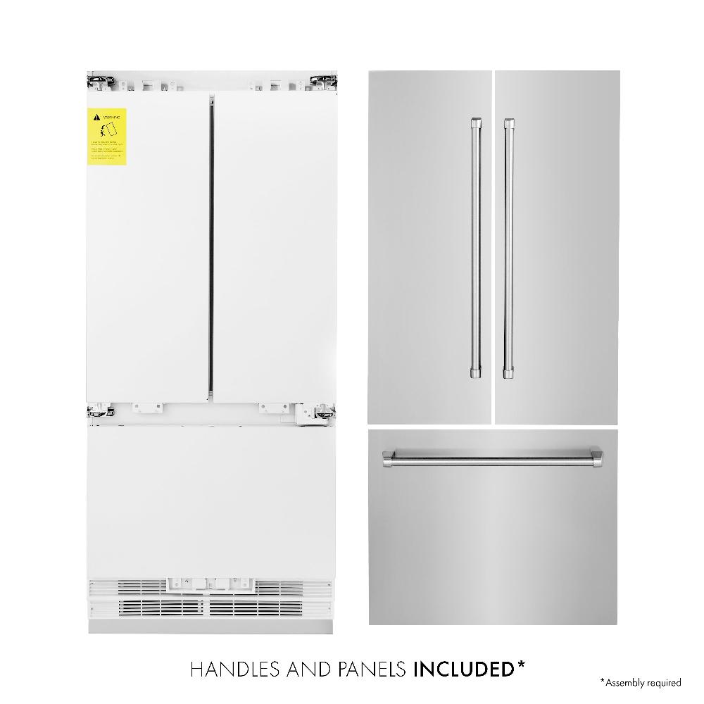 ZLINE 36 in. 19.6 cu. ft. Built-In 3-Door French Door Refrigerator with Internal Water and Ice Dispenser in Stainless Steel (RBIV-304-36) front, refrigeration unit next to panels and handles. Text: Handles and Panels Included.