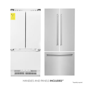 ZLINE 36 in. 19.6 cu. ft. Built-In 3-Door French Door Refrigerator with Internal Water and Ice Dispenser in Stainless Steel (RBIV-304-36) front, with refrigeration unit and panels side by side.