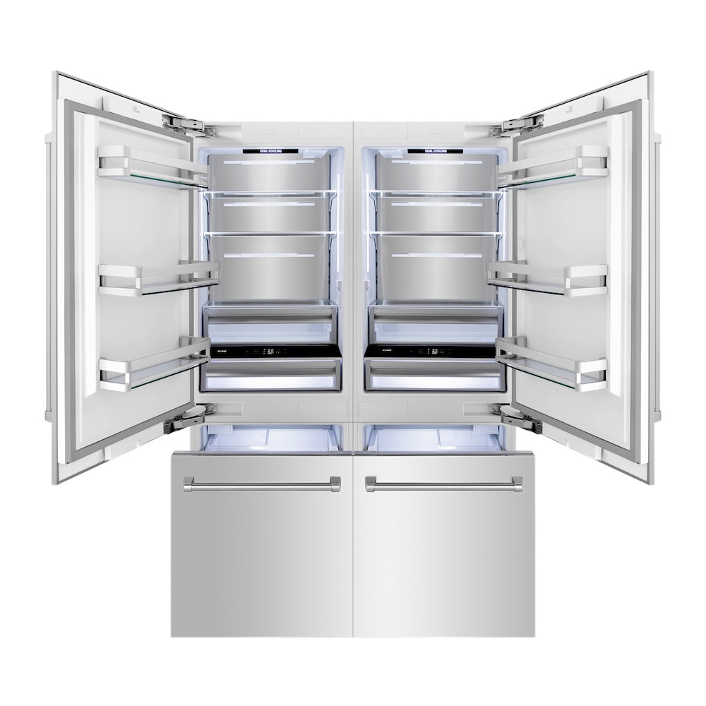 ZLINE 60 in. 32.2 cu. ft. French Door Built-In Bottom Freezer Refrigerator with Water Dispensers and Ice Makers in Stainless Steel (RBIV-304-60) front, refrigeration compartment and bottom freezer open with interior lighting activated.