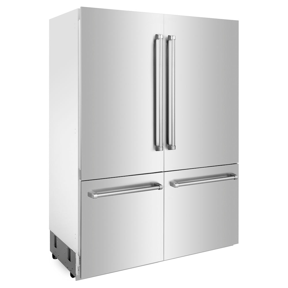 ZLINE 60 in. 32.2 cu. ft. French Door Built-In Bottom Freezer Refrigerator with Water Dispensers and Ice Makers in Stainless Steel (RBIV-304-60) side, closed.