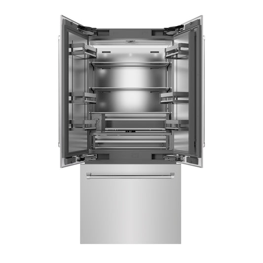 ZLINE 36 in. 19.6 cu. ft. French Door Built-In Bottom Freezer Refrigerator with Water Dispenser and Ice Maker in Stainless Steel with Stainless Steel Interior (SRBIV-304-36) front, refrigeration compartment and bottom freezer open.