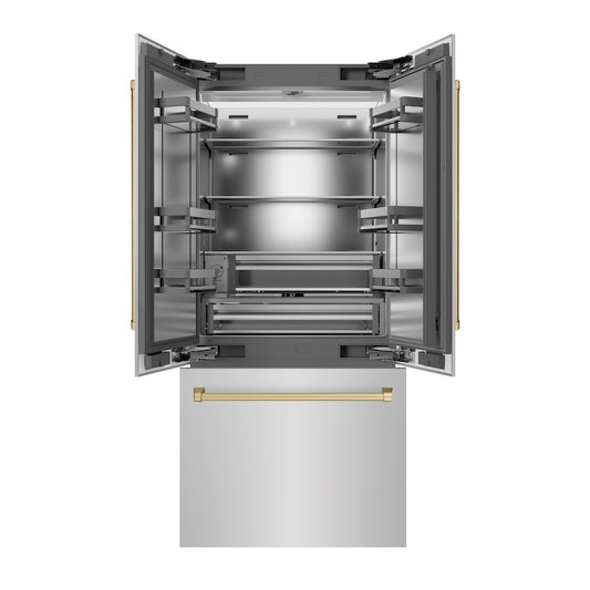 ZLINE Autograph Edition 36 in. 19.6 cu. ft. French Door Built-In Bottom Freezer Refrigerator with Water Dispenser and Ice Maker in Stainless Steel with Stainless Steel Interior and Champagne Bronze Accents (SRBIVZ-304-36CB) front, refrigeration compartment and bottom freezer open.