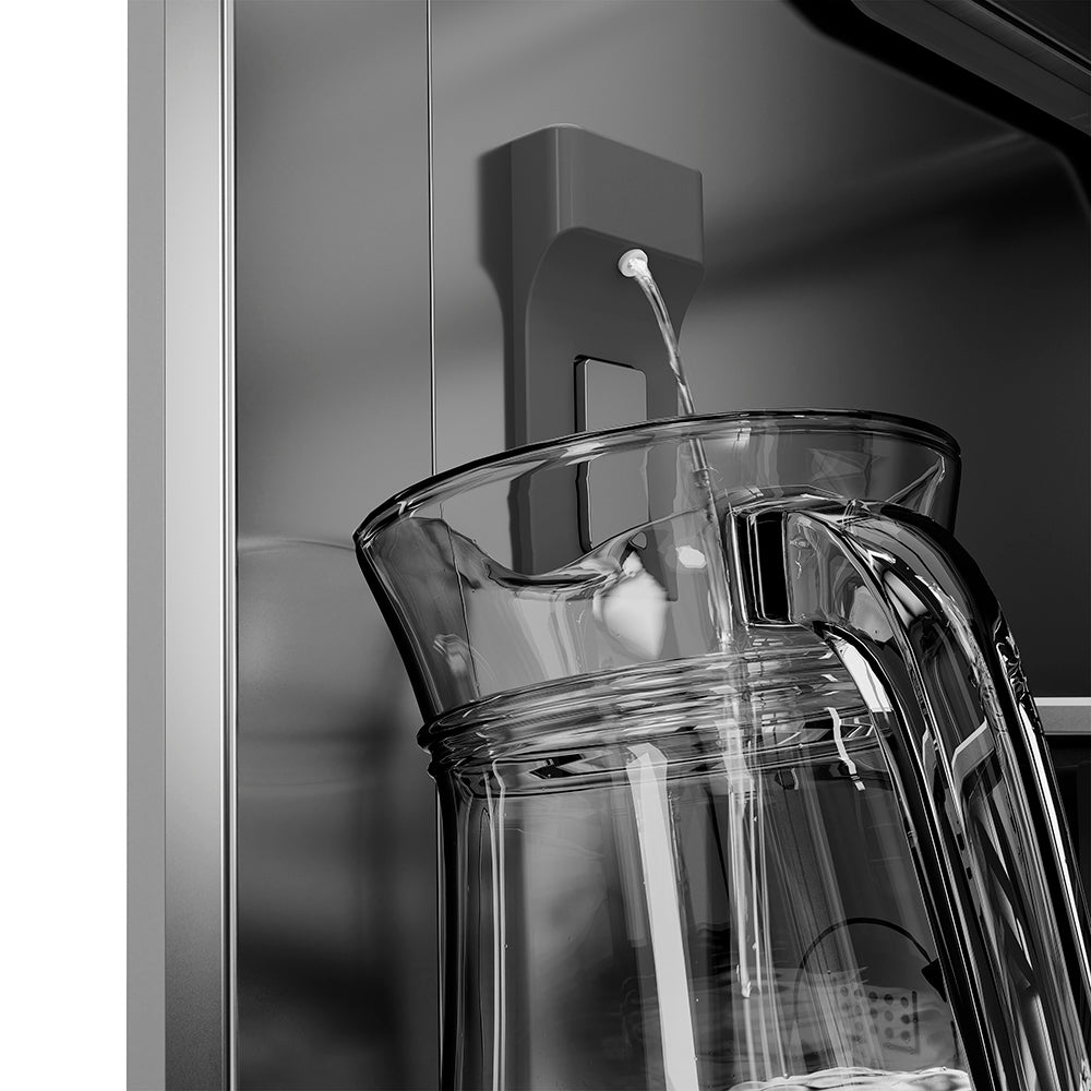 ZLINE Autograph Edition 36 in. 19.6 cu. ft. French Door Built-In Bottom Freezer Refrigerator with Water Dispenser and Ice Maker in Stainless Steel with Stainless Steel Interior and Champagne Bronze Helix Handles (SRBIVZ-30436KCB) internal water dispenser.