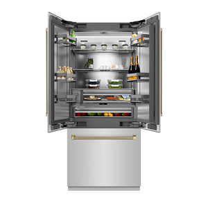 ZLINE Autograph Edition 36 in. 19.6 cu. ft. French Door Built-In Bottom Freezer Refrigerator with Water Dispenser and Ice Maker in Stainless Steel with Stainless Steel Interior and Champagne Bronze Helix Handles (SRBIVZ-30436KCB) front, open.