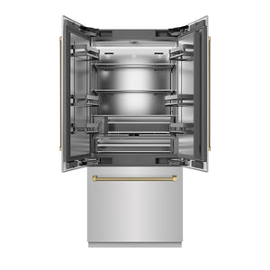 ZLINE Autograph Edition 36 in. 19.6 cu. ft. French Door Built-In Bottom Freezer Refrigerator with Water Dispenser and Ice Maker in Stainless Steel with Stainless Steel Interior and Champagne Bronze Helix Handles (SRBIVZ-30436KCB)