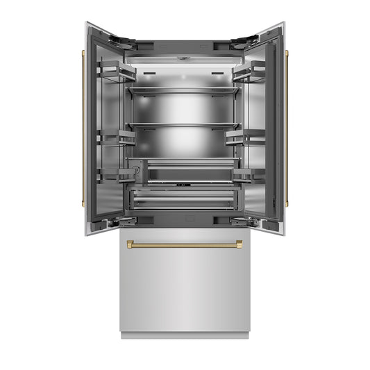 ZLINE Autograph Edition 36 in. 19.6 cu. ft. French Door Built-In Bottom Freezer Refrigerator with Water Dispenser and Ice Maker in Stainless Steel with Stainless Steel Interior and Champagne Bronze Helix Handles (SRBIVZ-30436KCB)
