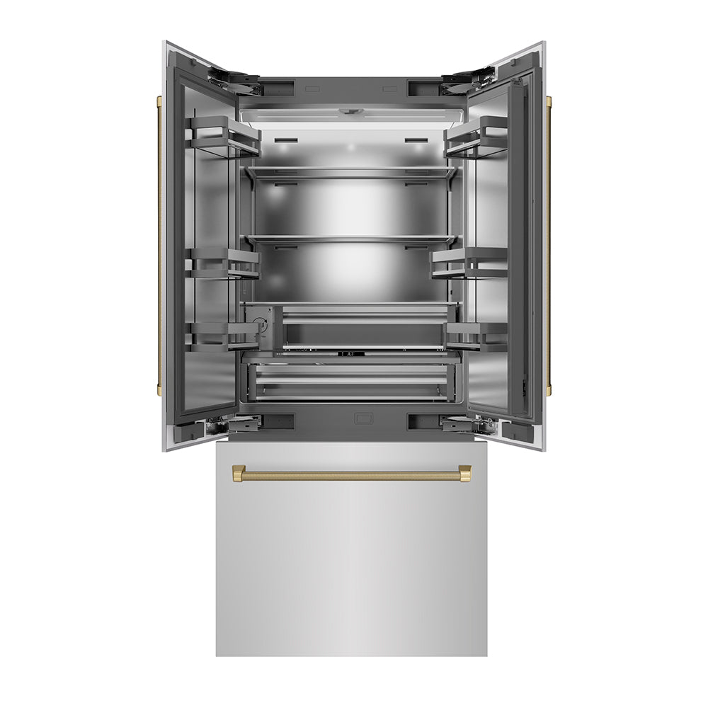 ZLINE Autograph Edition 36 in. 19.6 cu. ft. French Door Built-In Bottom Freezer Refrigerator with Water Dispenser and Ice Maker in Stainless Steel with Stainless Steel Interior and Champagne Bronze Helix Handles (SRBIVZ-30436KCB) front, refrigeration compartment and bottom freezer drawer open.