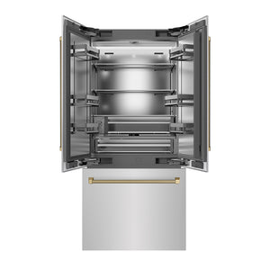ZLINE Autograph Edition 36 in. 19.6 cu. ft. French Door Built-In Bottom Freezer Refrigerator with Water Dispenser and Ice Maker in Stainless Steel with Stainless Steel Interior and Champagne Bronze Helix Handles (SRBIVZ-30436KCB) front, refrigeration compartment and bottom freezer drawer open.