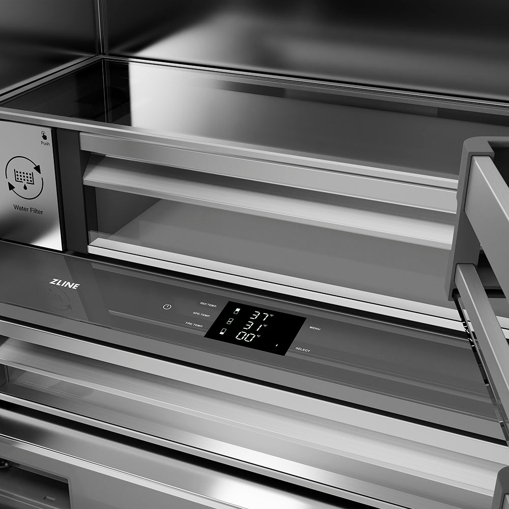 ZLINE Autograph Edition 36 in. 19.6 cu. ft. French Door Built-In Bottom Freezer Refrigerator with Water Dispenser and Ice Maker in Stainless Steel with Stainless Steel Interior and Polished Gold Helix Handles (SRBIVZ-30436KG) digital display and touchpanel.