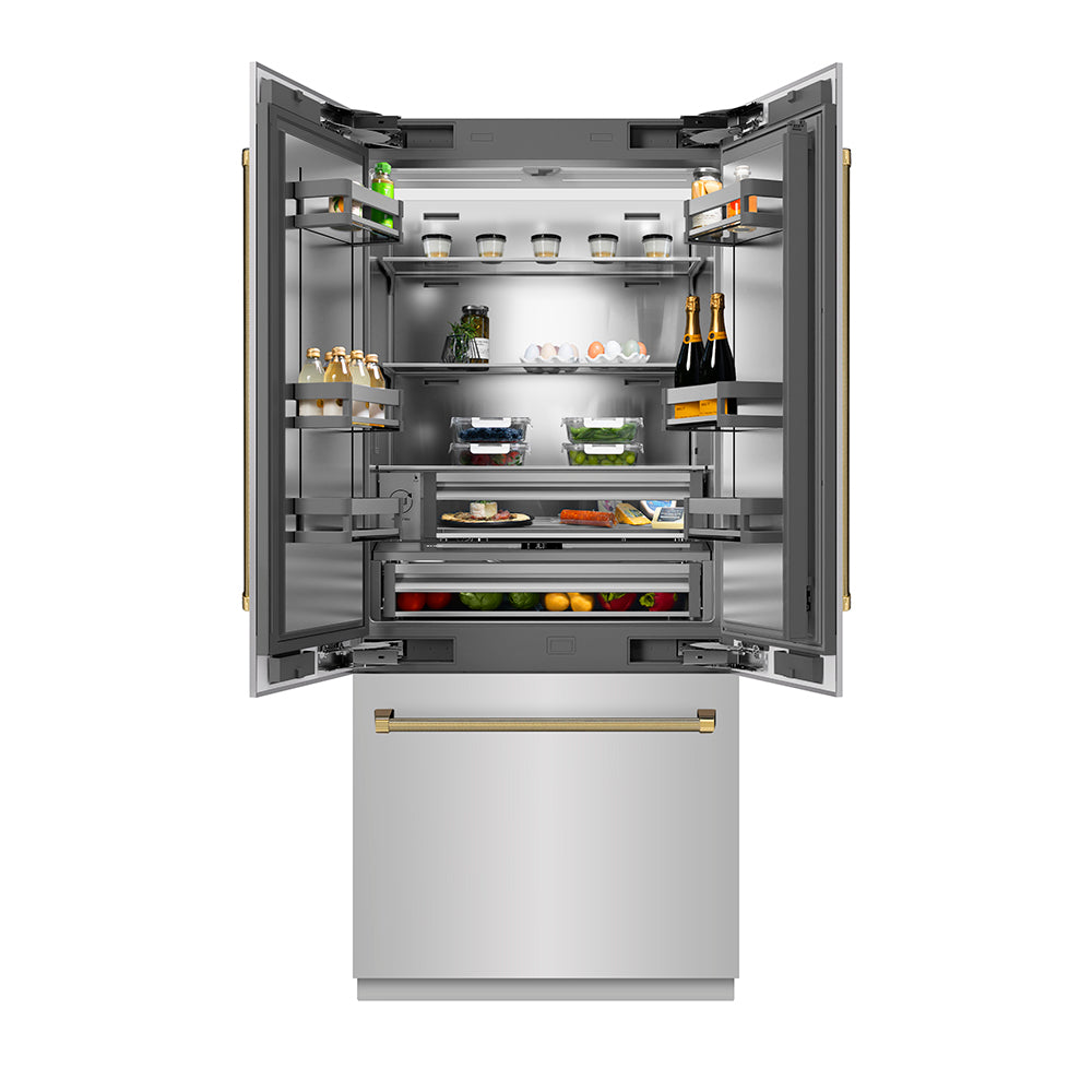 ZLINE Autograph Edition 36 in. 19.6 cu. ft. French Door Built-In Bottom Freezer Refrigerator with Water Dispenser and Ice Maker in Stainless Steel with Stainless Steel Interior and Polished Gold Helix Handles (SRBIVZ-30436KG) front, open.