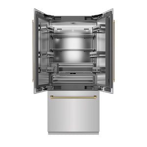 ZLINE Autograph Edition 36 in. 19.6 cu. ft. French Door Built-In Bottom Freezer Refrigerator with Water Dispenser and Ice Maker in Stainless Steel with Stainless Steel Interior and Polished Gold Helix Handles (SRBIVZ-30436KG) front, open.