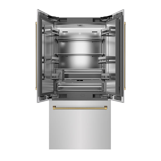 ZLINE Autograph Edition 36 in. 19.6 cu. ft. French Door Built-In Bottom Freezer Refrigerator with Water Dispenser and Ice Maker in Stainless Steel with Stainless Steel Interior and Polished Gold Helix Handles (SRBIVZ-30436KG)