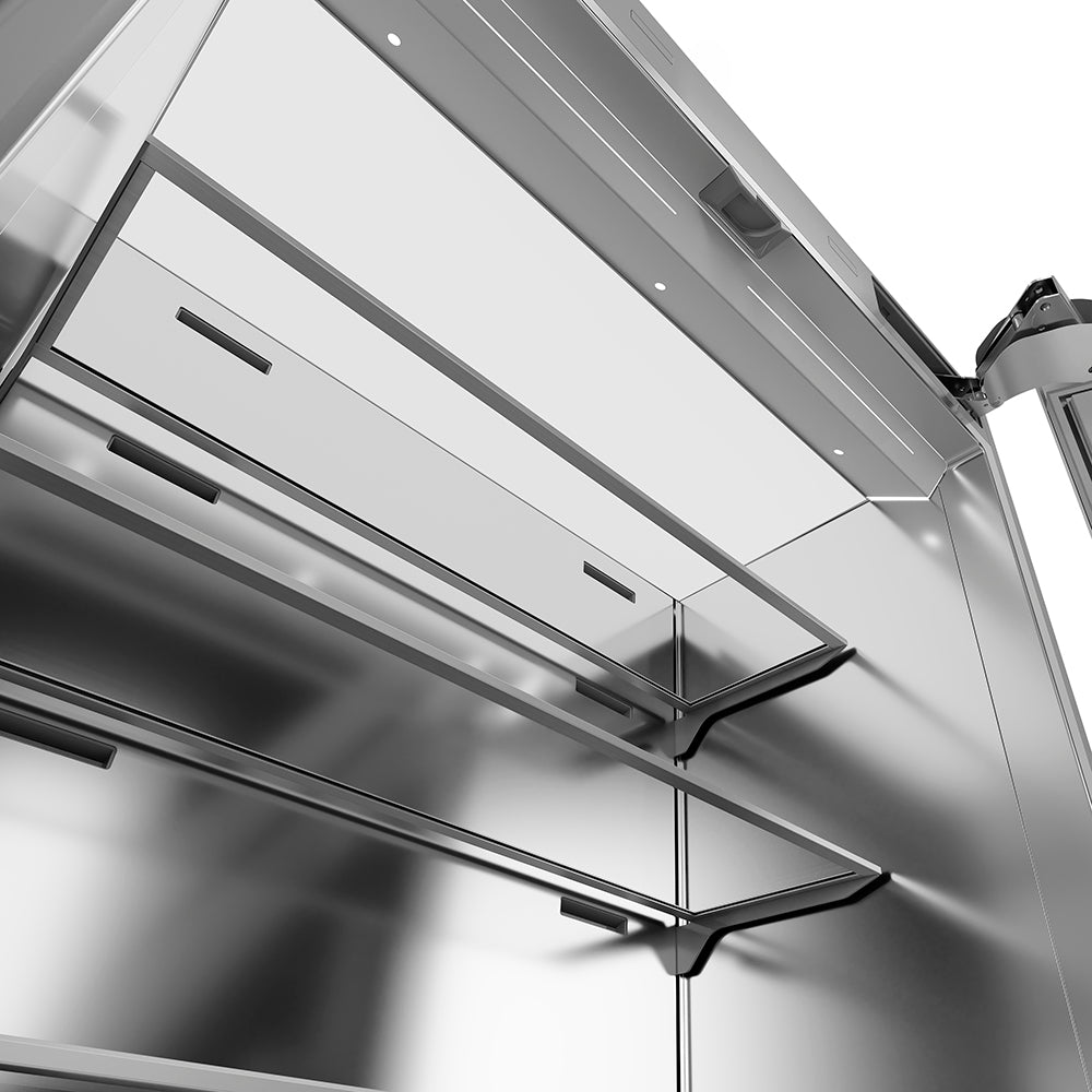 ZLINE Autograph Edition 36 in. 19.6 cu. ft. French Door Built-In Bottom Freezer Refrigerator with Water Dispenser and Ice Maker in Stainless Steel with Stainless Steel Interior and Polished Nickel Helix Handles (SRBIVZ-30436KPN) Full Ceiling LED Lighting inside refrigeration compartment.