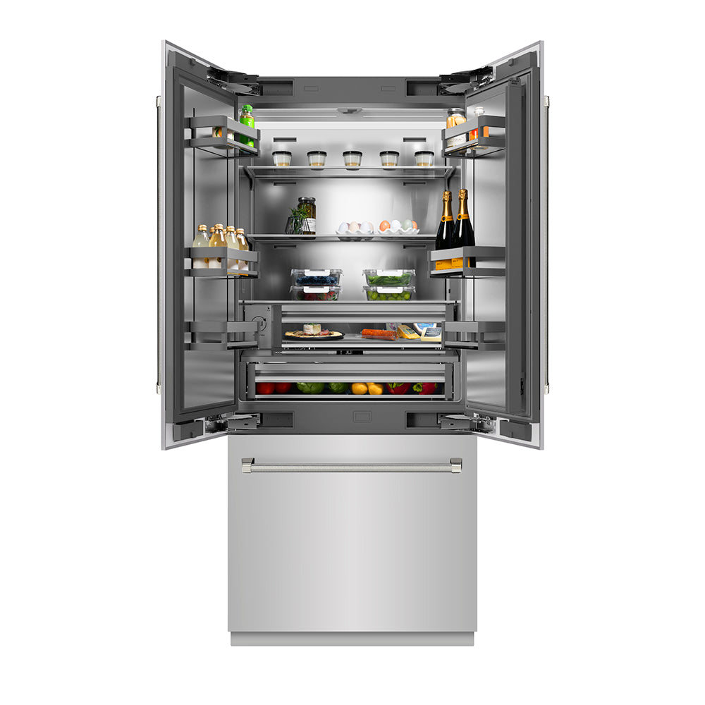 ZLINE Autograph Edition 36 in. 19.6 cu. ft. French Door Built-In Bottom Freezer Refrigerator with Water Dispenser and Ice Maker in Stainless Steel with Stainless Steel Interior and Polished Nickel Helix Handles (SRBIVZ-30436KPN) front, open.