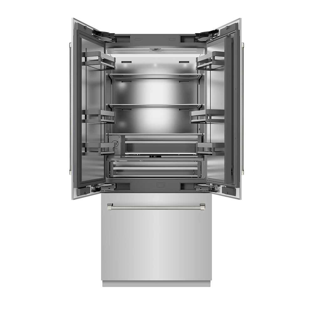 ZLINE Autograph Edition 36 in. 19.6 cu. ft. French Door Built-In Bottom Freezer Refrigerator with Water Dispenser and Ice Maker in Stainless Steel with Stainless Steel Interior and Polished Nickel Helix Handles (SRBIVZ-30436KPN)