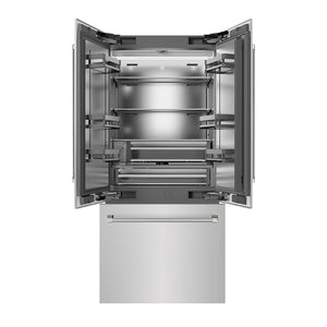 ZLINE Autograph Edition 36 in. 19.6 cu. ft. French Door Built-In Bottom Freezer Refrigerator with Water Dispenser and Ice Maker in Stainless Steel with Stainless Steel Interior and Polished Nickel Helix Handles (SRBIVZ-30436KPN) front, refrigeration compartment and bottom freezer drawer open.