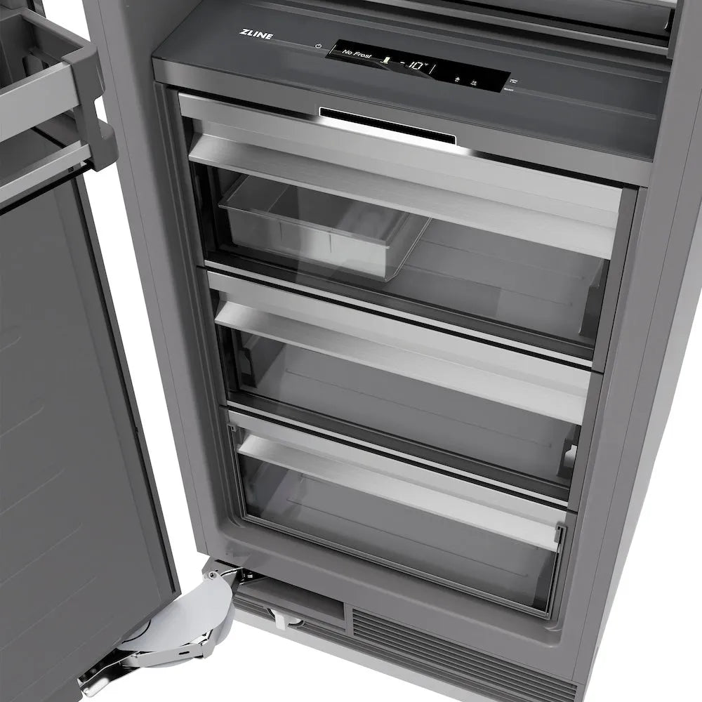 ZLINE 18 in. 8.6 cu. ft. Left Hinge Column Freezer in White Matte with Graphite Gray Interior (RCFVL-WM-18) close-up detail, drawers.