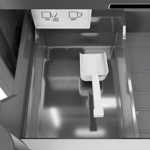 ZLINE 18 in. 8.6 cu. ft. Left Hinge Column Freezer in White Matte with Graphite Gray Interior (RCFVL-WM-18) close-up detail, internal ice maker and scoop.