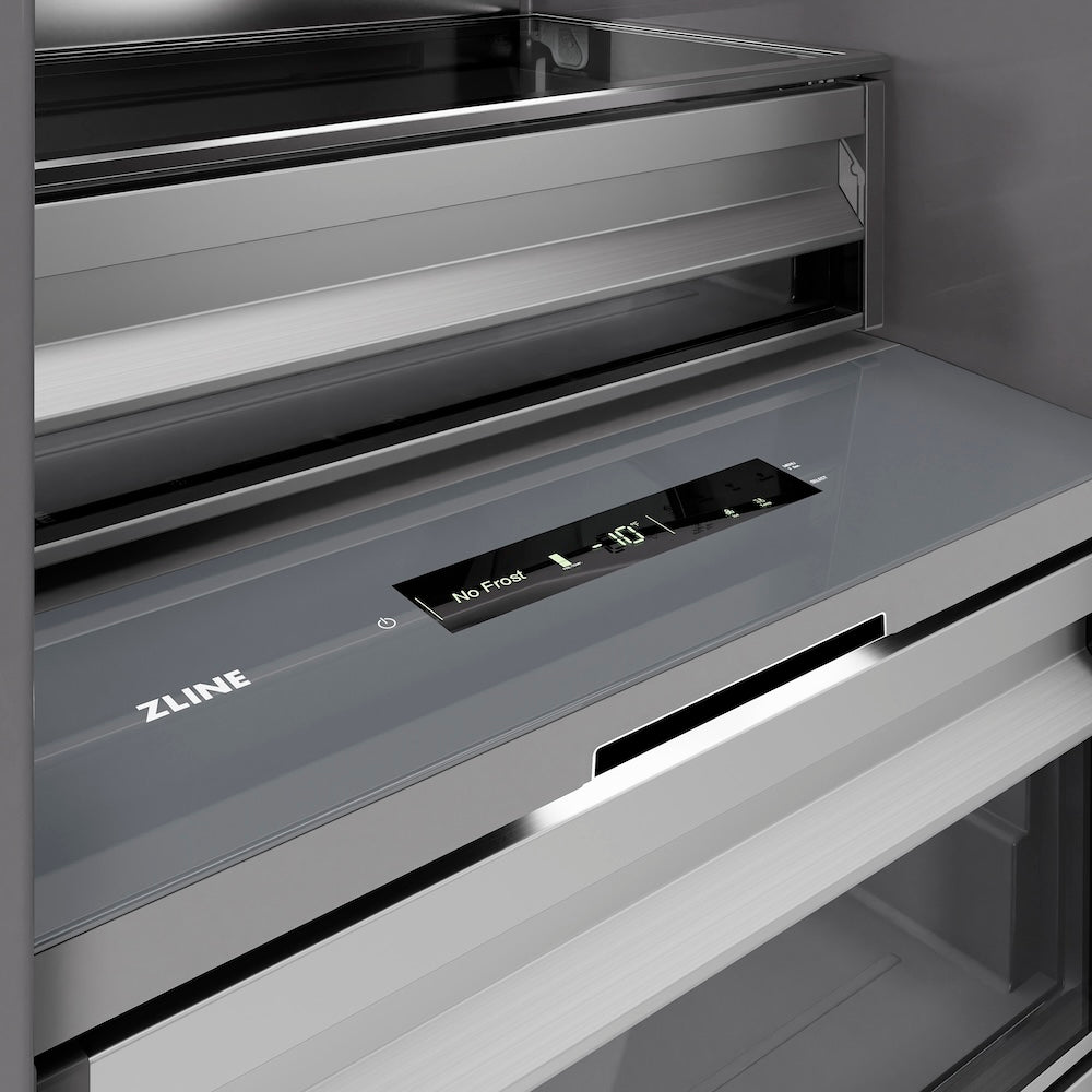 ZLINE Autograph Edition 18 in. 8.6 cu. ft. Left Hinge Column Freezer in White Matte with Graphite Gray Interior and Champagne Bronze Accents (RCFVLZ-WM-18-CB) touch controls and display.