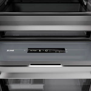 ZLINE Autograph Edition 18 in. 8.6 cu. ft. Left Hinge Column Freezer in White Matte with Graphite Gray Interior and Champagne Bronze Accents (RCFVLZ-WM-18-CB) touch controls and display.