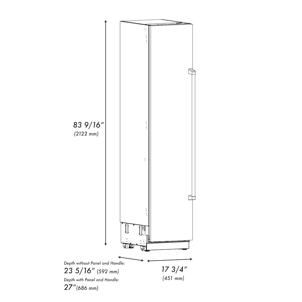 ZLINE Autograph Edition 18 in. 8.6 cu. ft. Left Hinge Column Freezer in White Matte with Graphite Gray Interior and Champagne Bronze Accents (RCFVLZ-WM-18-CB) dimensional diagram.