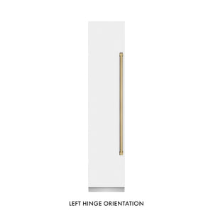 ZLINE Autograph Edition 18 in. 8.6 cu. ft. Left Hinge Column Freezer in White Matte with Graphite Gray Interior and Champagne Bronze Accents (RCFVLZ-WM-18-CB) front, closed.