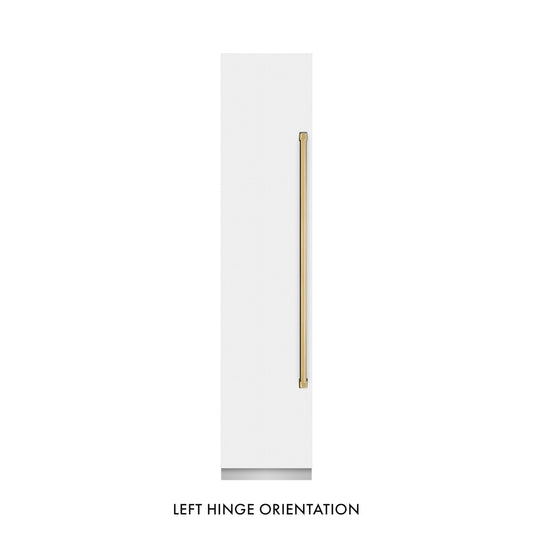 ZLINE Autograph Edition 18 in. 8.6 cu. ft. Left Hinge Column Freezer in White Matte with Graphite Gray Interior and Polished Gold Accents (RCFVLZ-WM-18-G) front, closed.