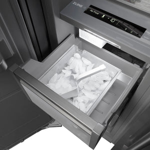 ZLINE Autograph Edition 18 in. 8.6 cu. ft. Left Hinge Column Freezer in White Matte with Graphite Gray Interior and Matte Black Accents (RCFVLZ-WM-18-MB) ice and ice scoop.