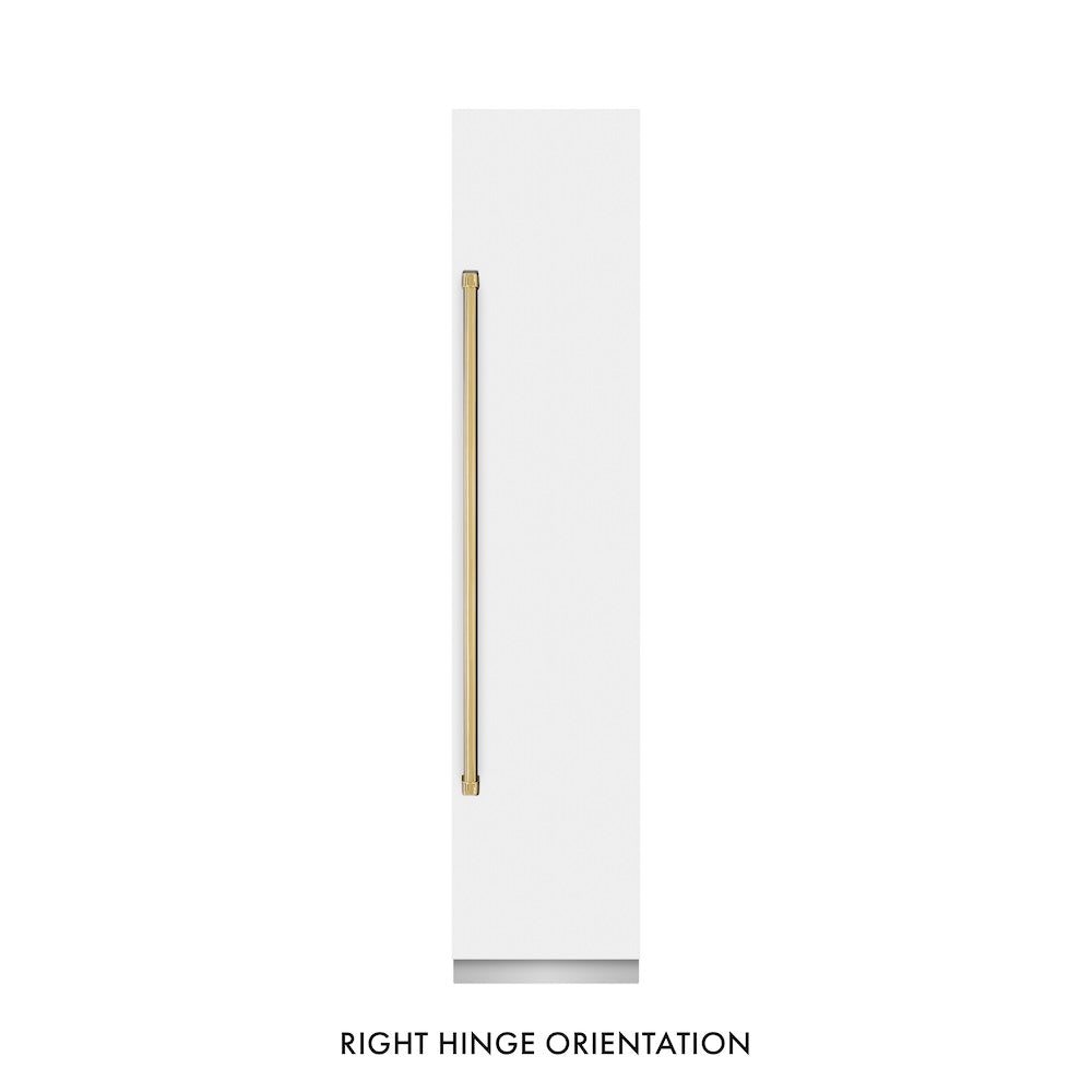 ZLINE Autograph Edition 18 in. 8.6 cu. ft. Right Hinge Column Freezer in White Matte with Graphite Gray Interior and Polished Gold Accents (RCFVRZ-WM-18-G) front, closed.