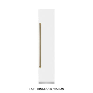 ZLINE Autograph Edition 18 in. 8.6 cu. ft. Right Hinge Column Freezer in White Matte with Graphite Gray Interior and Polished Gold Accents (RCFVRZ-WM-18-G) front, closed.