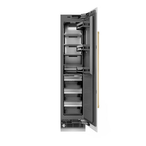 ZLINE Autograph Edition 18 in. 8.6 cu. ft. Right Hinge Column Freezer in White Matte with Graphite Gray Interior and Polished Gold Accents (RCFVRZ-WM-18-G) front, open.