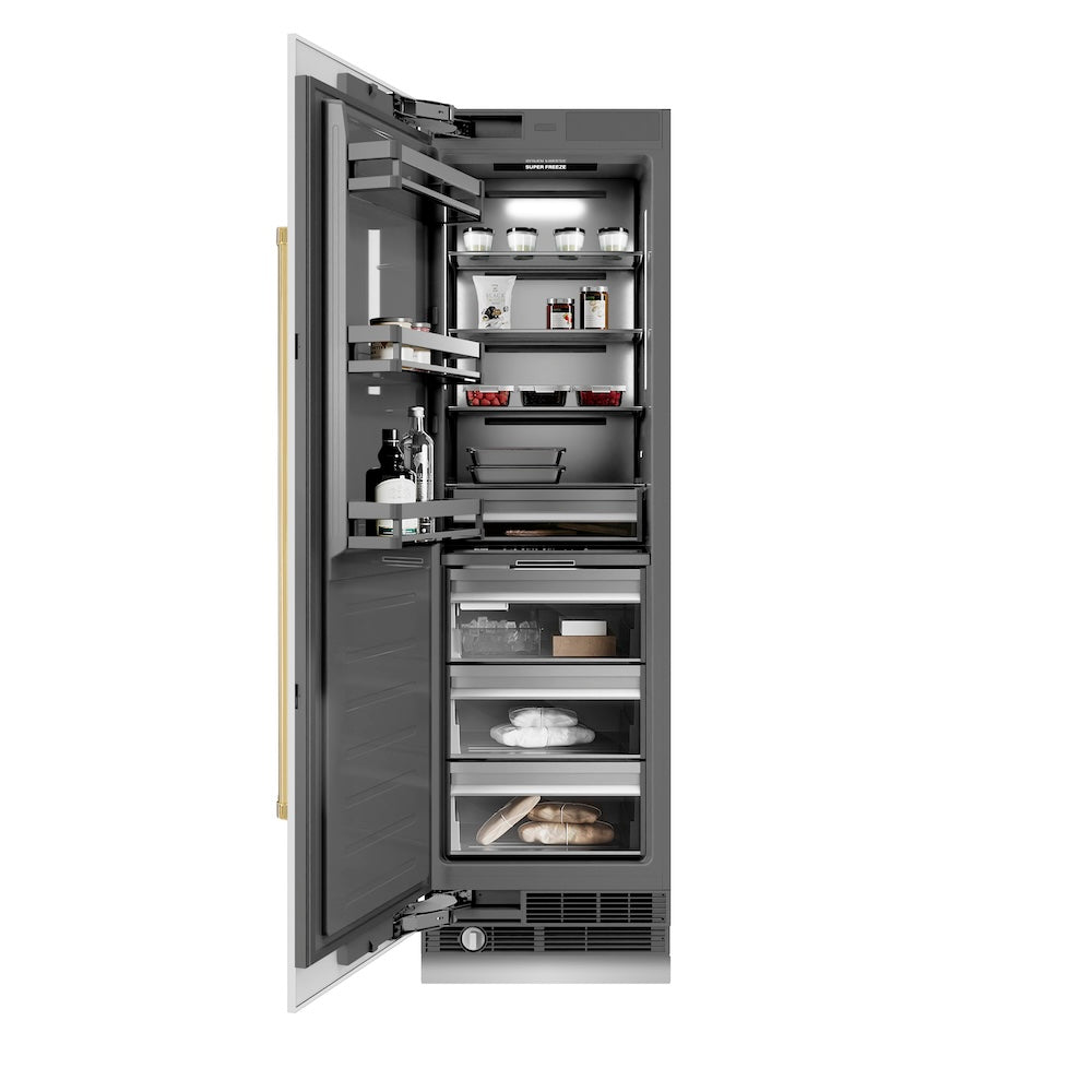 ZLINE Autograph Edition 24 in. 12.4 cu. ft. Column Freezer in White Matte with Graphite Gray Interior and Polished Gold Accents (RCFVZ-WM-24-G) front, open, with food inside.