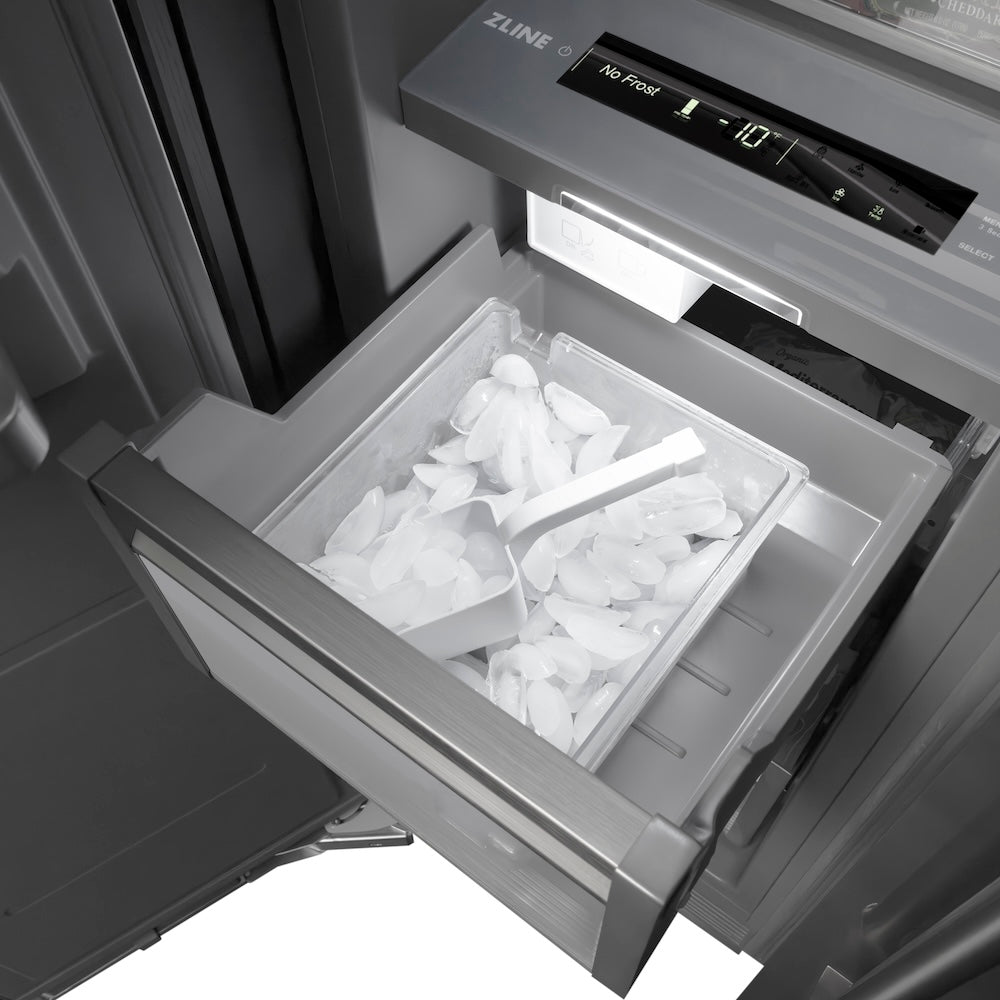 ZLINE Autograph Edition 24 in. 12.4 cu. ft. Column Freezer in White Matte with Graphite Gray Interior and Matte Black Accents (RCFVZ-WM-24-MB) ice and ice scoop.