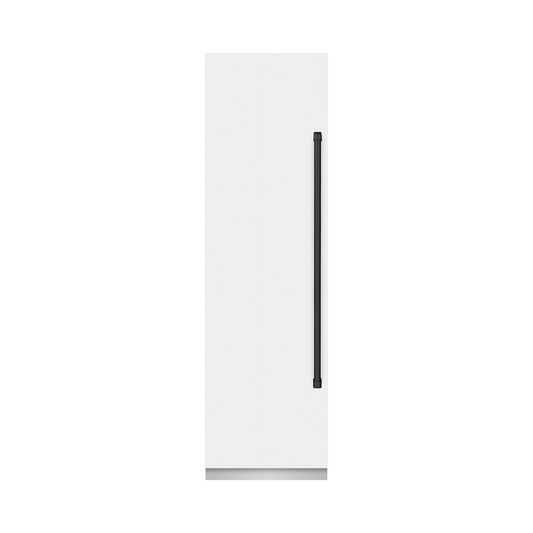 ZLINE Autograph Edition 24 in. 12.4 cu. ft. Column Freezer in White Matte with Graphite Gray Interior and Matte Black Accents (RCFVZ-WM-24-MB) front, closed.