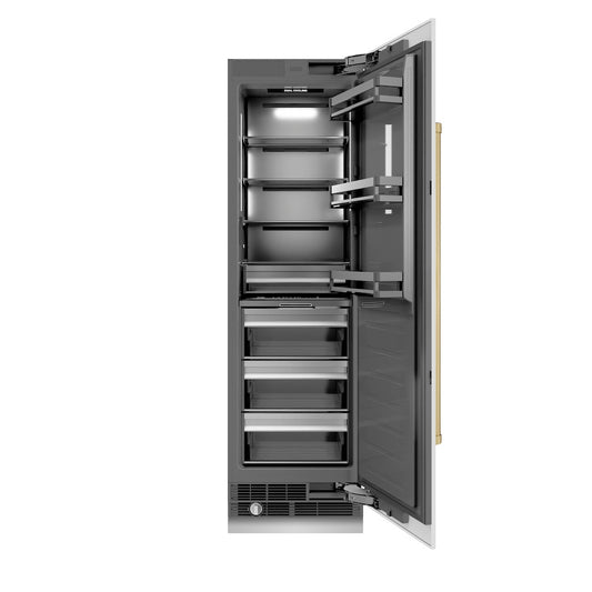 ZLINE Autograph Edition 24 in. 12.5 cu. ft. Column Refrigerator in White Matte with Graphite Gray Interior and Champagne Bronze Accents (RCRVZ-WM-24-CB) front, open.