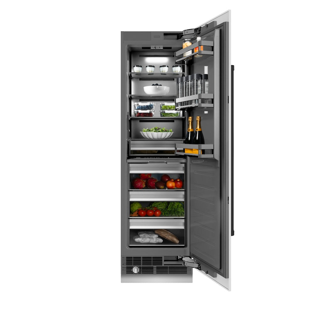 ZLINE Autograph Edition 24 in. 12.5 cu. ft. Column Refrigerator in White Matte with Graphite Gray Interior and Matte Black Accents (RCRVZ-WM-24-MB) front, open, with food inside.
