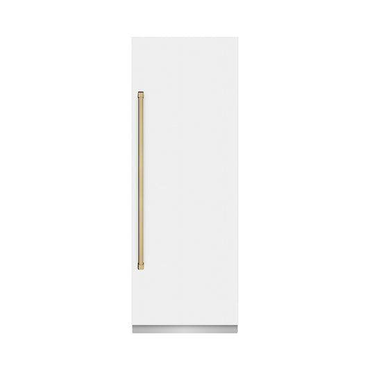 ZLINE Autograph Edition 30 in. 16.7 cu. ft. Column Refrigerator in White Matte with Graphite Gray Interior and Champagne Bronze Accents (RCRVZ-WM-30-CB) front, closed.