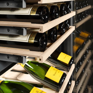 ZLINE 24 in. 12.4 cu. ft. Triple Zone 100 Bottle Column Wine Cooler in White Matte (RCWV-WM-24) wine on racks.