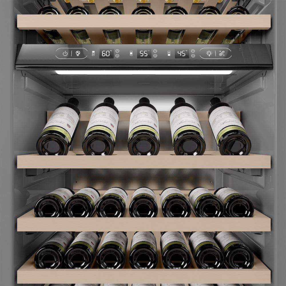 ZLINE 24 in. 12.4 cu. ft. Triple Zone 100 Bottle Column Wine Cooler in White Matte (RCWV-WM-24) internal storage racks and controls.
