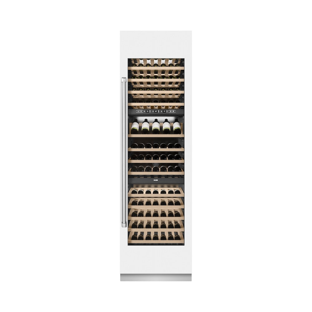 ZLINE 24 in. 12.4 cu. ft. Triple Zone 100 Bottle Column Wine Cooler in White Matte (RCWV-WM-24) front, closed.