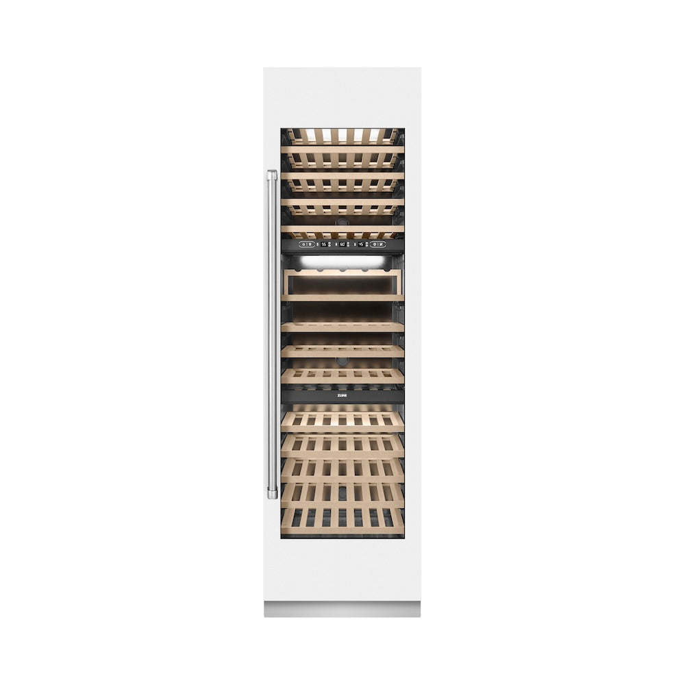 ZLINE 24 in. 12.4 cu. ft. Triple Zone 100 Bottle Column Wine Cooler in White Matte (RCWV-WM-24) front, closed.