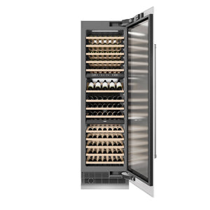 ZLINE 24 in. 12.4 cu. ft. Triple Zone 100 Bottle Column Wine Cooler in White Matte (RCWV-WM-24) front, open.