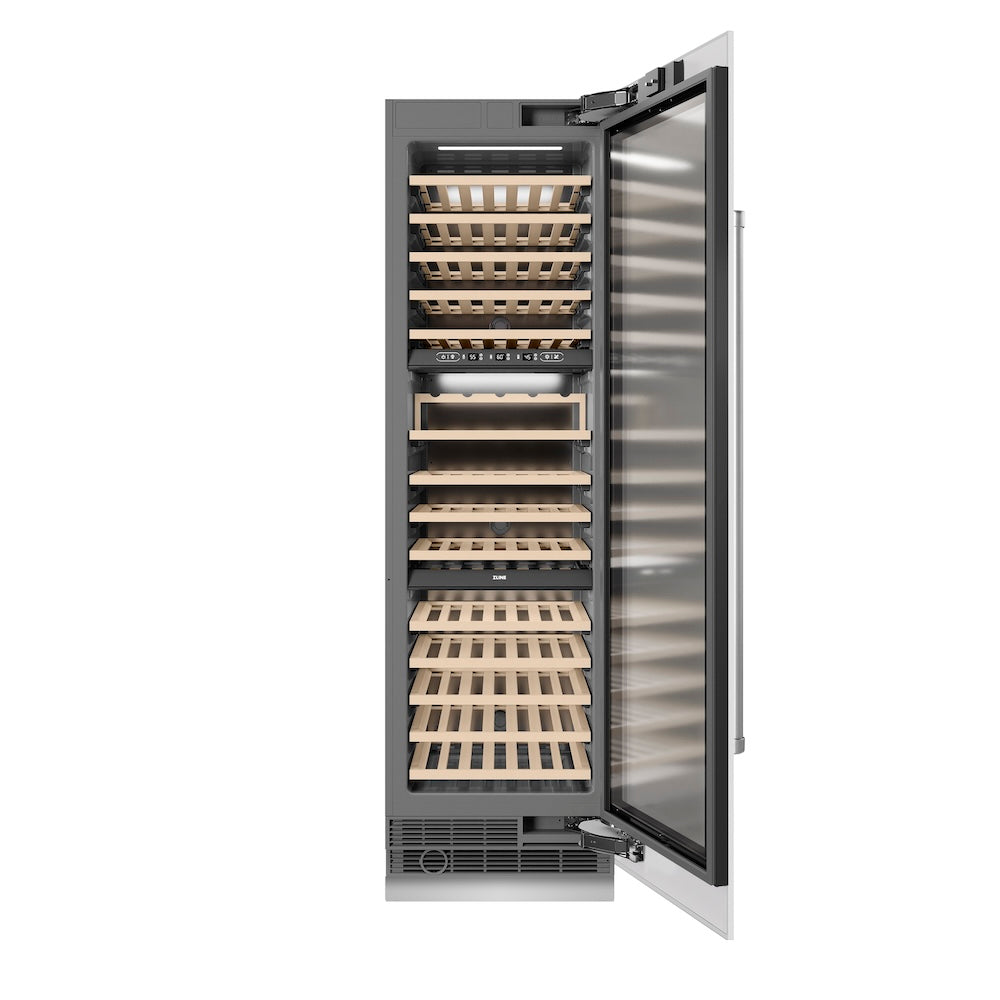 ZLINE 24 in. 12.4 cu. ft. Triple Zone 100 Bottle Column Wine Cooler in White Matte (RCWV-WM-24) front, open.