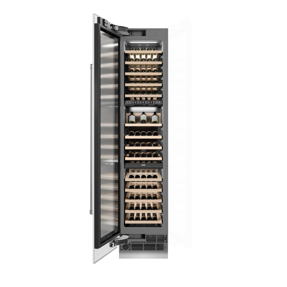 ZLINE 18 in. 9.0 cu. ft. Triple Zone 68 Bottle Left Hinge Column Wine Cooler in White Matte (RCWVL-WM-18) front, open.