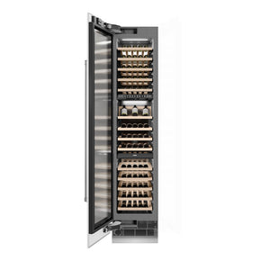 ZLINE 18 in. 9.0 cu. ft. Triple Zone 68 Bottle Left Hinge Column Wine Cooler in White Matte (RCWVL-WM-18) front, open.