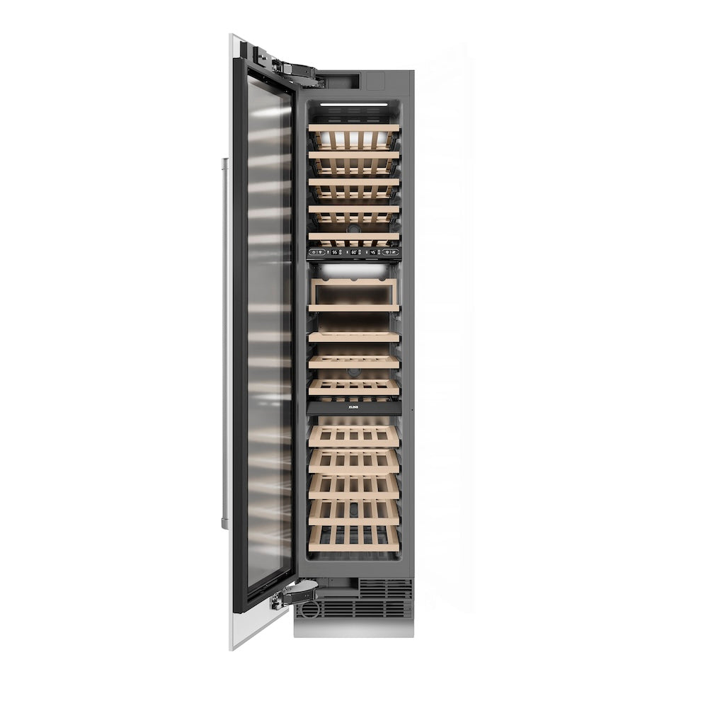 ZLINE 18 in. 9.0 cu. ft. Triple Zone 68 Bottle Left Hinge Column Wine Cooler in White Matte (RCWVL-WM-18) front, open.