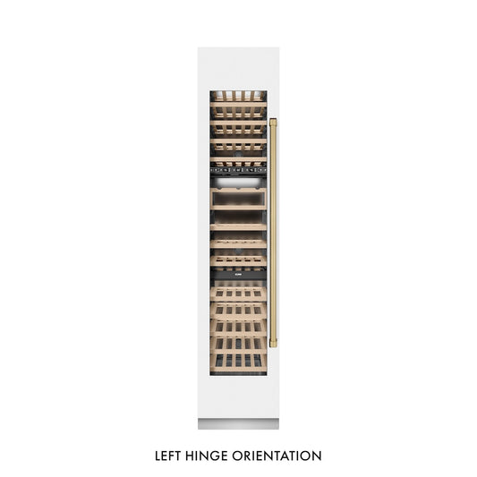 ZLINE Autograph Edition 18 in. 9.0 cu. ft. Triple Zone 68 Bottle Left Hinge Column Wine Cooler in White Matte with Champagne Bronze Accents (RCWVLZ-WM-18-CB) front, closed.